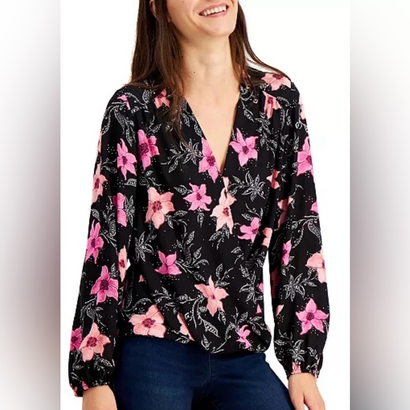 INC International Concepts Women’s  Black & Pink Floral LS Top Blouse Size S - Picture 1 of 13
